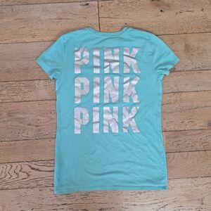 PINK Victoria's Secret Logo Dog Aqua Metallic Silver Graphic Tee